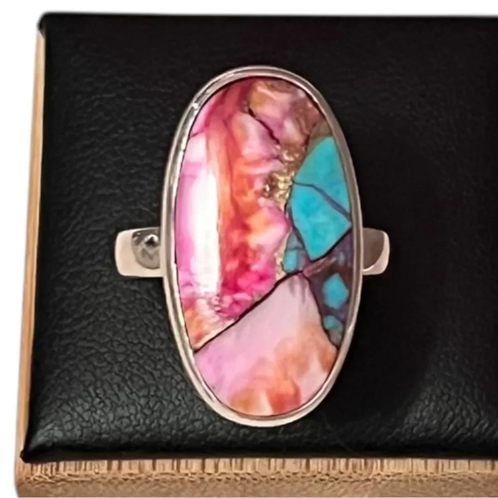 Oval Pink Dahlia Blue Turquoise Copper Sterling Silver Ring Size 7
